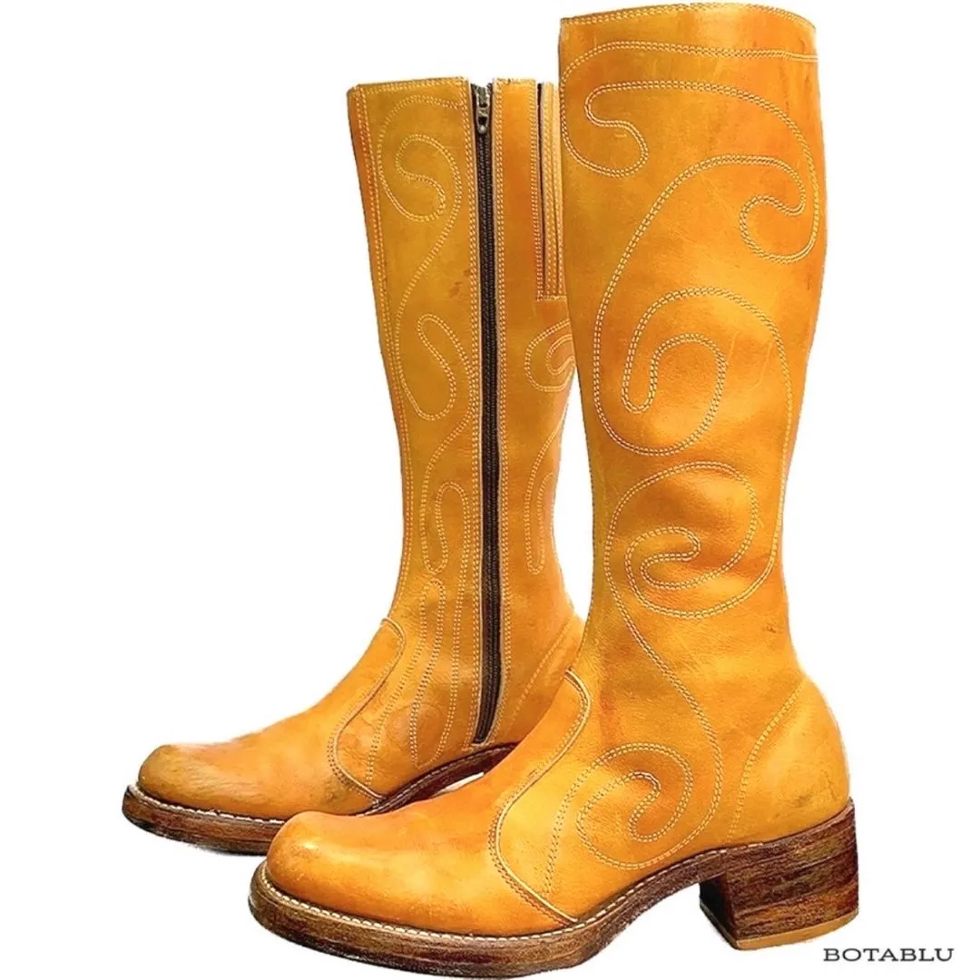 FRYE True Vintage Banana Sunrise Leather Black Label Swirl Embroidered Tall Knee High Zippered Boots